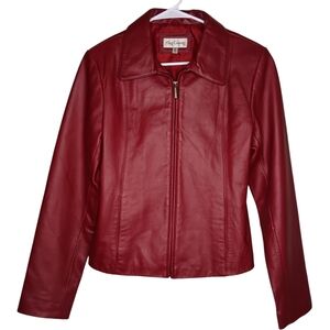 Red Leather Jacket Women's Size Medium Soft Side Pockets Zip Front Lined